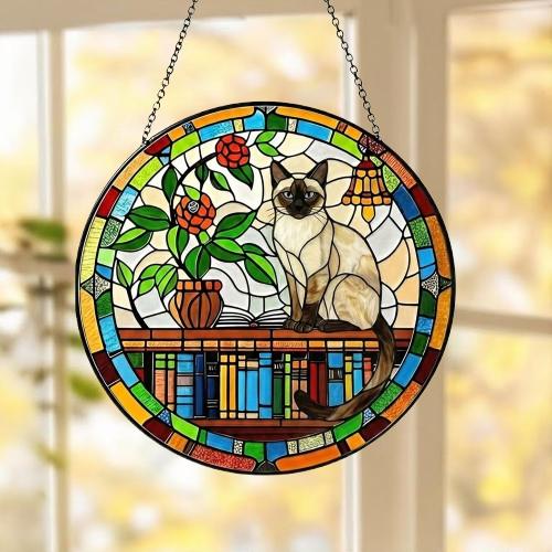 Custom Siamese Sun Catcher Cat Sitting On Bookshelf  ,Stained Glass Window Hanging Book Lover Gifts for Women Book Wall Decor Handmade - image 5
