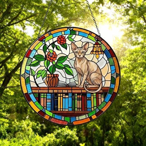 Custom Sphynx Sun Catcher Cat Sitting On Bookshelf  ,Stained Glass Window Hanging Book Lover Gifts for Women Book Wall Decor Handmade - image 4