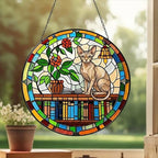 Custom Sphynx Sun Catcher Cat Sitting On Bookshelf  ,Stained Glass Window Hanging Book Lover Gifts for Women Book Wall Decor Handmade
