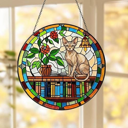 Custom Sphynx Sun Catcher Cat Sitting On Bookshelf  ,Stained Glass Window Hanging Book Lover Gifts for Women Book Wall Decor Handmade - image 5