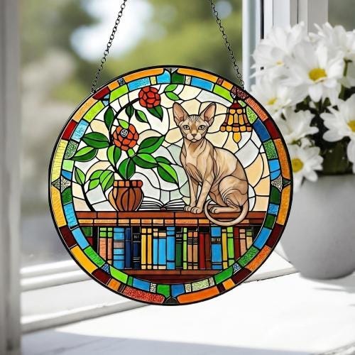 Custom Sphynx Sun Catcher Cat Sitting On Bookshelf  ,Stained Glass Window Hanging Book Lover Gifts for Women Book Wall Decor Handmade - image 3