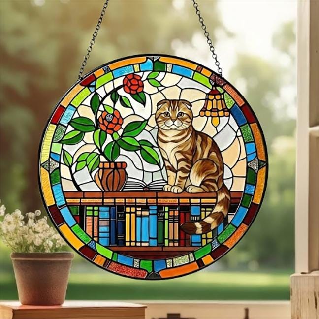 Custom Scottish Fold Sun Catcher Cat Sitting On Bookshelf  ,Stained Glass Window Hanging Book Lover Gifts for Women Book Wall Decor Handmade