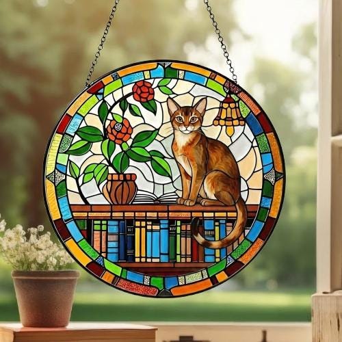 Custom Abyssinian  Sun Catcher Cat Sitting On Bookshelf  ,Stained Glass Window Hanging Book Lover Gifts for Women Book Wall Decor Handmade - image 3