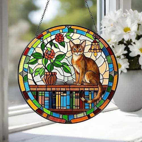 Custom Abyssinian  Sun Catcher Cat Sitting On Bookshelf  ,Stained Glass Window Hanging Book Lover Gifts for Women Book Wall Decor Handmade - image 4