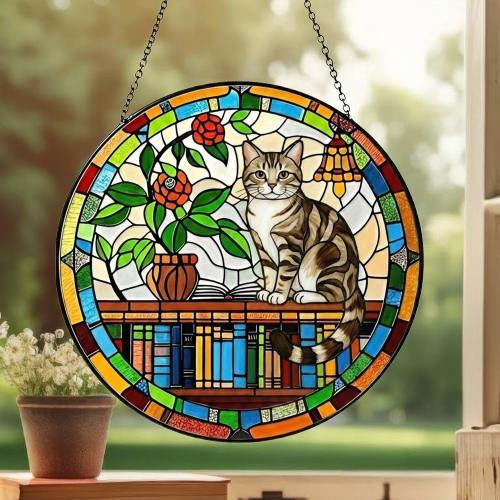 American Shorthair Sun Catcher Cat Sitting On Bookshelf  ,Stained Glass Window Hanging Book Lover Gifts for Women Book Wall Decor Handmade - image 3