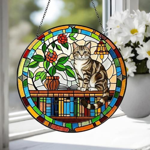 American Shorthair Sun Catcher Cat Sitting On Bookshelf  ,Stained Glass Window Hanging Book Lover Gifts for Women Book Wall Decor Handmade - image 4
