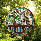 American Shorthair Sun Catcher Cat Sitting On Bookshelf  ,Stained Glass Window Hanging Book Lover Gifts for Women Book Wall Decor Handmade - image 5