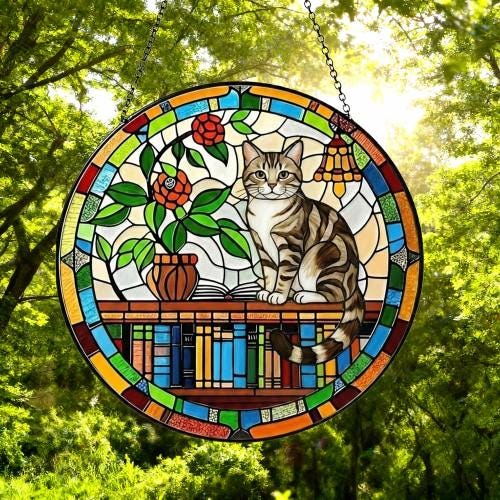 American Shorthair Sun Catcher Cat Sitting On Bookshelf  ,Stained Glass Window Hanging Book Lover Gifts for Women Book Wall Decor Handmade - image 5