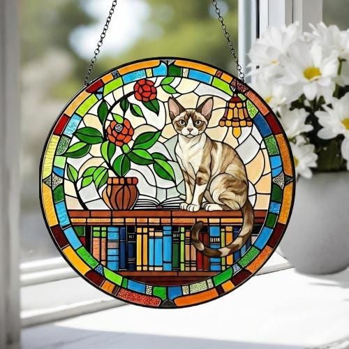 Custom Devon Rex Sun Catcher Cat Sitting On Bookshelf  ,Stained Glass Window Hanging Book Lover Gifts for Women Book Wall Decor Handmade - image 4
