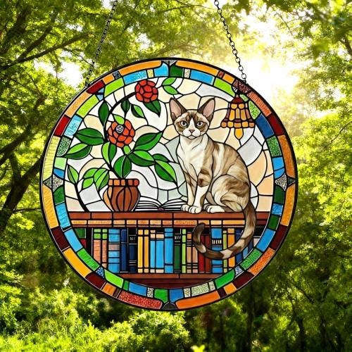 Custom Devon Rex Sun Catcher Cat Sitting On Bookshelf  ,Stained Glass Window Hanging Book Lover Gifts for Women Book Wall Decor Handmade - image 5