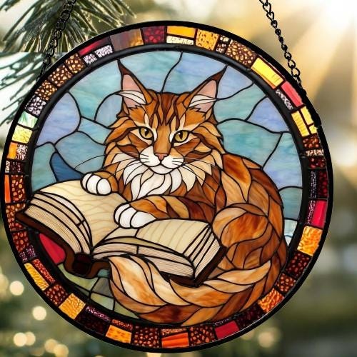 Custom Stained Glass Window Hanging Maine Coon  Cat Reading ,  Sun Catcher Home Decor,  Lost Pets Gift - image 4