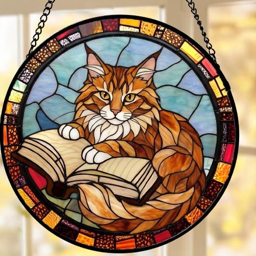 Custom Stained Glass Window Hanging Maine Coon  Cat Reading ,  Sun Catcher Home Decor,  Lost Pets Gift - image 5