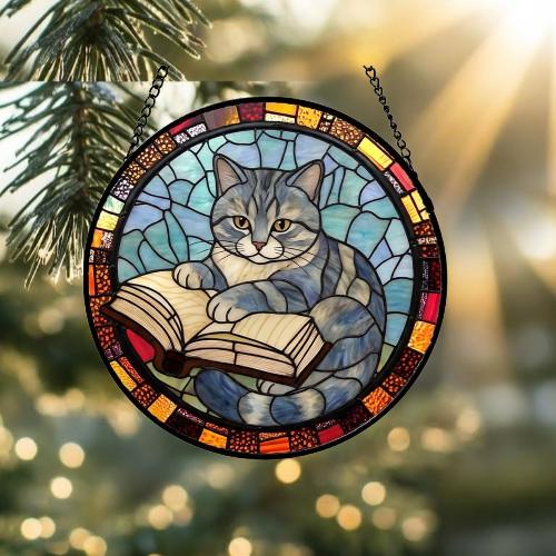 Custom Stained Glass Window Hanging British Shorthair Cat Reading ,  Sun Catcher Home Decor,  Lost Pets Gift - image 2
