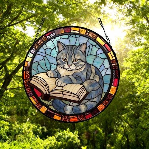 Custom Stained Glass Window Hanging British Shorthair Cat Reading ,  Sun Catcher Home Decor,  Lost Pets Gift - image 5