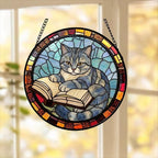 Custom Stained Glass Window Hanging British Shorthair Cat Reading ,  Sun Catcher Home Decor,  Lost Pets Gift