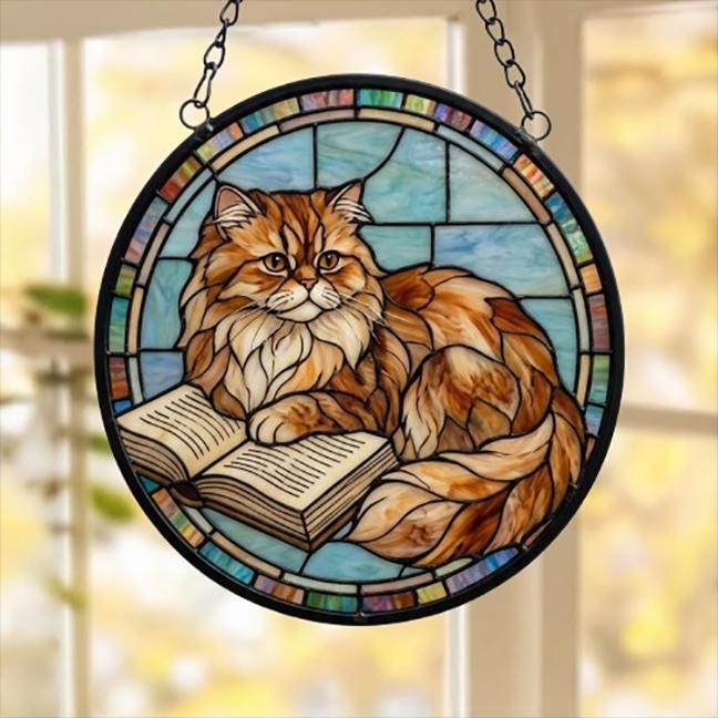 Custom Stained Glass Window Hanging Persian Cat Reading ,  Sun Catcher Home Decor,  Lost Pets Gift