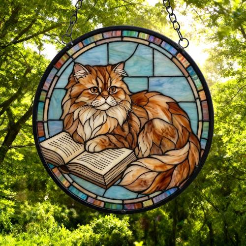 Custom Stained Glass Window Hanging Persian Cat Reading ,  Sun Catcher Home Decor,  Lost Pets Gift - image 5