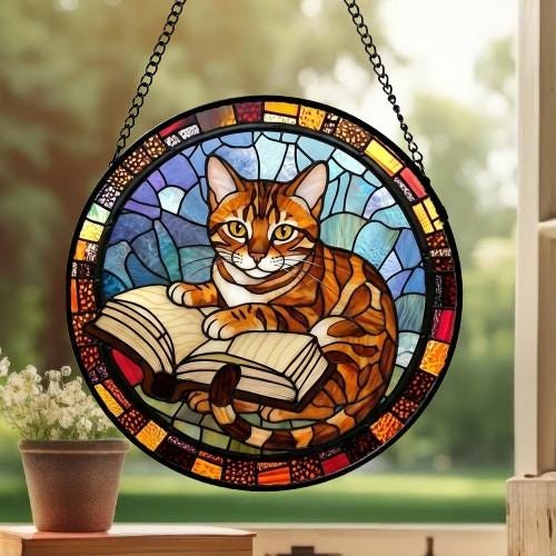 Custom Stained Glass Window Hanging Bengal  Cat Reading ,  Sun Catcher Home Decor,  Lost Pets Gift - image 3