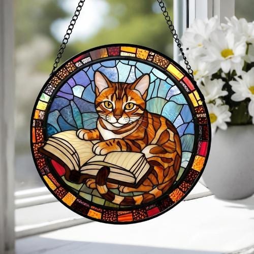 Custom Stained Glass Window Hanging Bengal  Cat Reading ,  Sun Catcher Home Decor,  Lost Pets Gift - image 4