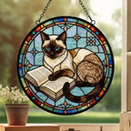 Custom Stained Glass Window Hanging Siamese Cat Reading , Sun Catcher Home Decor,  Lost Pets Gift - image 3