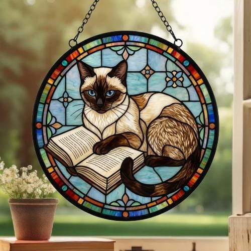 Custom Stained Glass Window Hanging Siamese Cat Reading , Sun Catcher Home Decor,  Lost Pets Gift - image 3