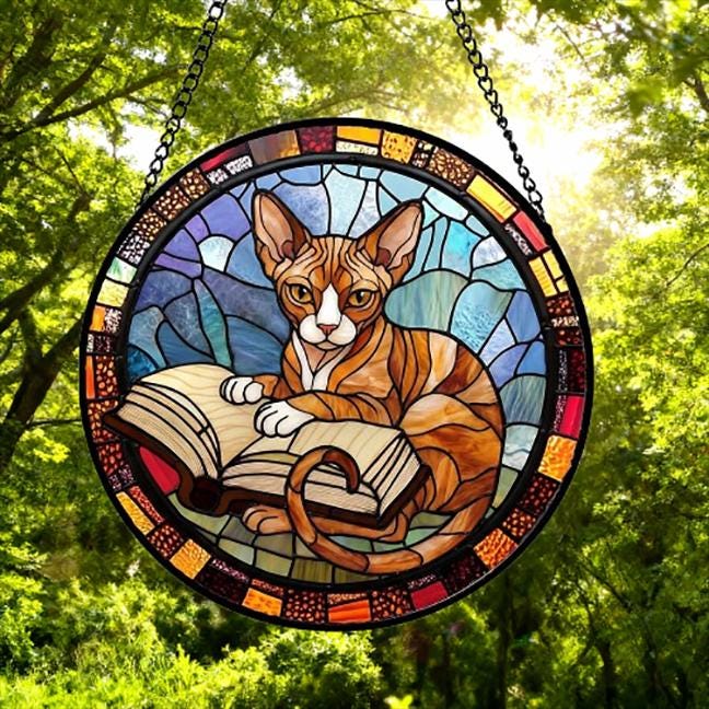 Custom Stained Glass Window Hanging Sphynx Cat Reading , Sun Catcher Home Decor,  Lost Pets Gift