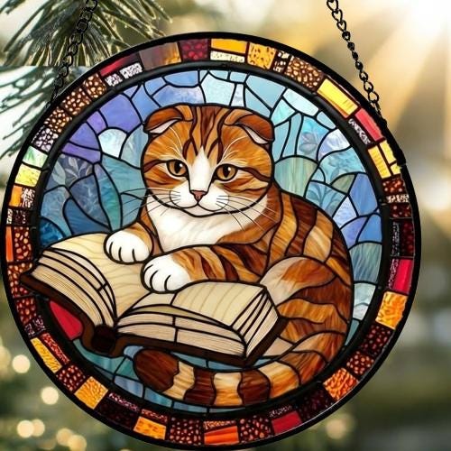 Custom Stained Glass Window Hanging Scottish Fold Cat Reading , Sun Catcher Home Decor,  Lost Pets Gift - image 2