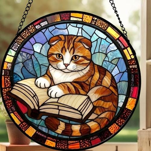 Custom Stained Glass Window Hanging Scottish Fold Cat Reading , Sun Catcher Home Decor,  Lost Pets Gift - image 3