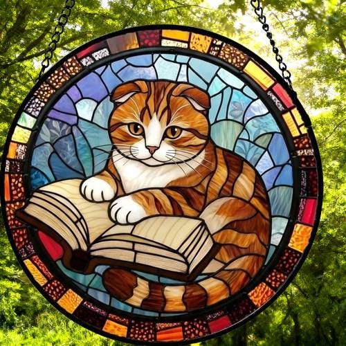 Custom Stained Glass Window Hanging Scottish Fold Cat Reading , Sun Catcher Home Decor,  Lost Pets Gift - image 5