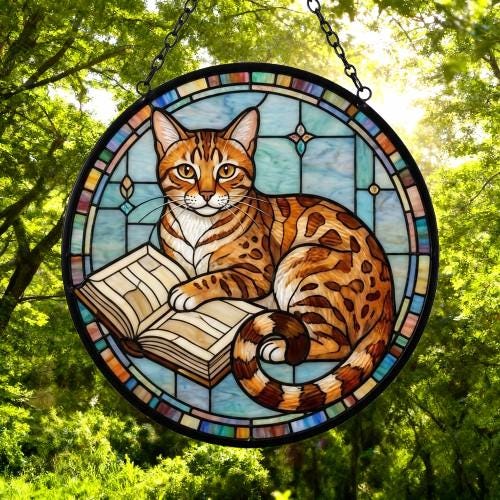 Custom Stained Glass Window Hanging Egyptian Mau Cat Reading , Sun Catcher Home Decor,  Lost Pets Gift - image 5