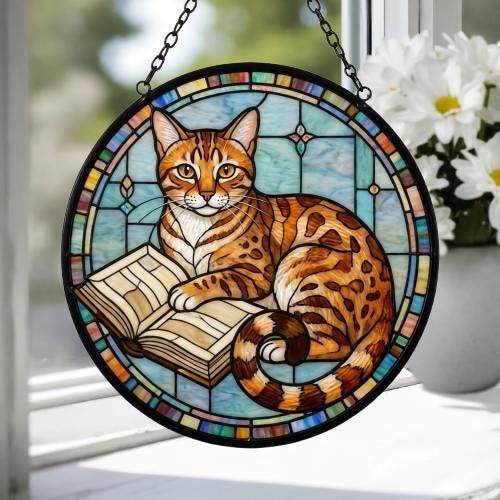 Custom Stained Glass Window Hanging Egyptian Mau Cat Reading , Sun Catcher Home Decor,  Lost Pets Gift - image 4
