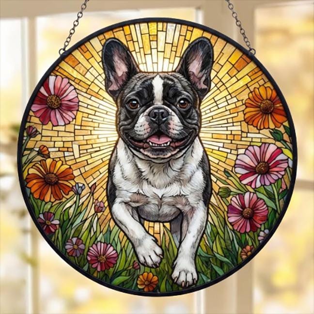 Custom French Bulldog Wildflowers Glass Suncatcher: Dog Mom Window Decor