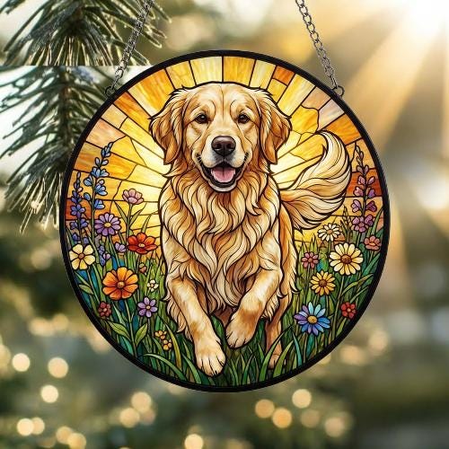 Custom Golden Retriever Wildflowers Glass Suncatcher: Dog Mom Window Decor - image 3