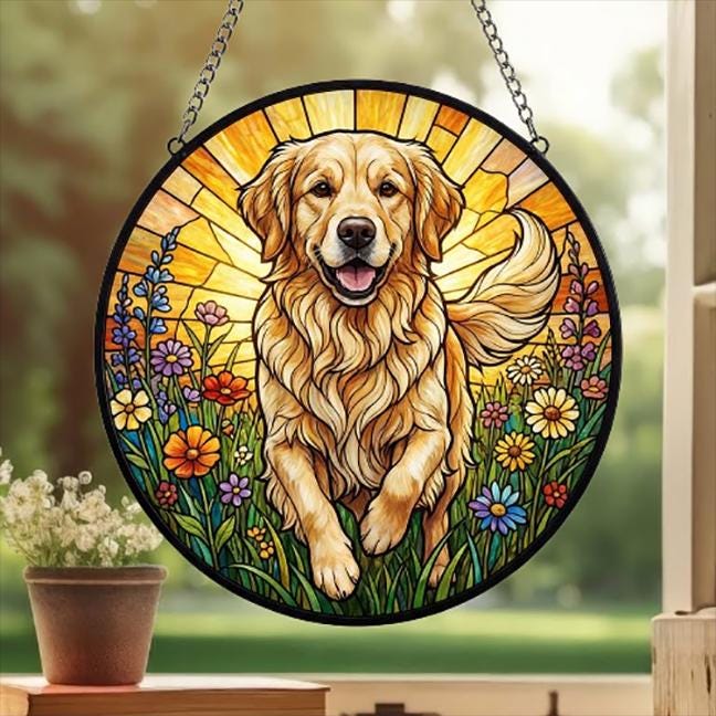 Custom Golden Retriever Wildflowers Glass Suncatcher: Dog Mom Window Decor