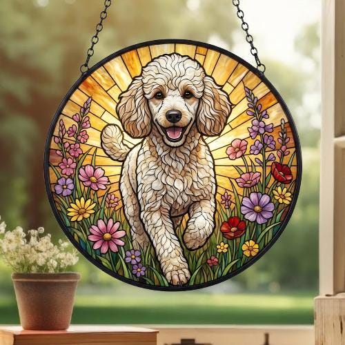 Custom Poodle  Wildflowers Glass Suncatcher: Dog Mom Window Decor - image 3