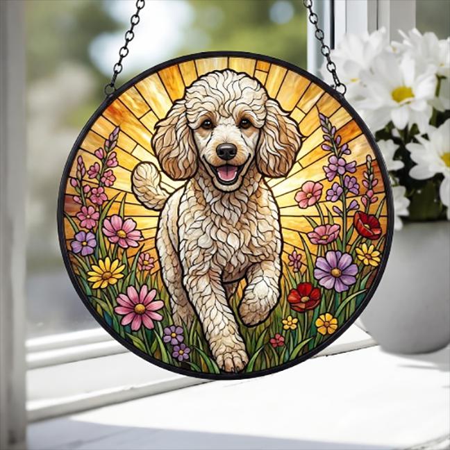 Custom Poodle  Wildflowers Glass Suncatcher: Dog Mom Window Decor