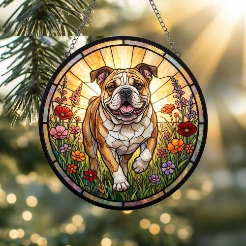 Custom Bulldog  Wildflowers Glass Suncatcher: Dog Mom Window Decor - image 2