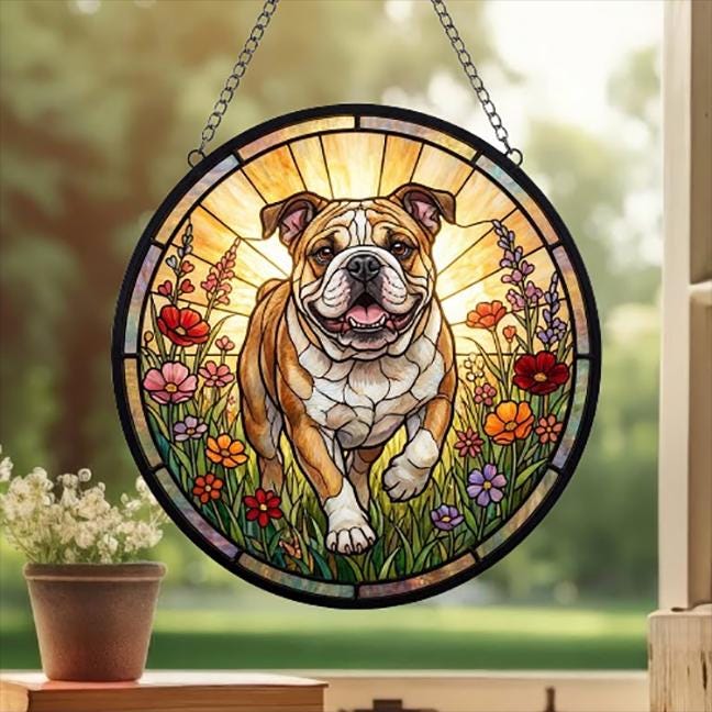 Custom Bulldog  Wildflowers Glass Suncatcher: Dog Mom Window Decor