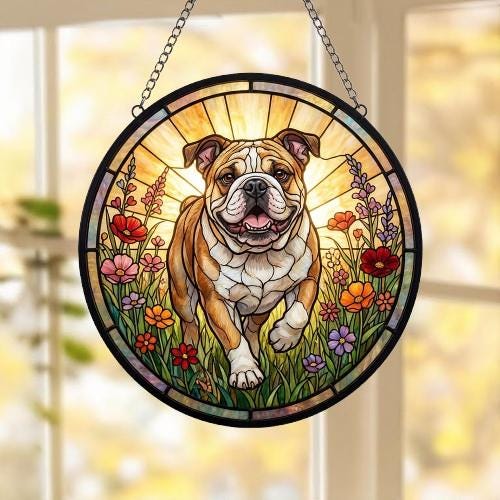 Custom Bulldog  Wildflowers Glass Suncatcher: Dog Mom Window Decor - image 5