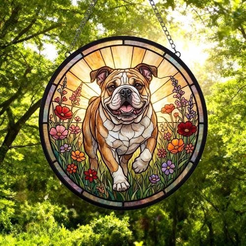 Custom Bulldog  Wildflowers Glass Suncatcher: Dog Mom Window Decor - image 4