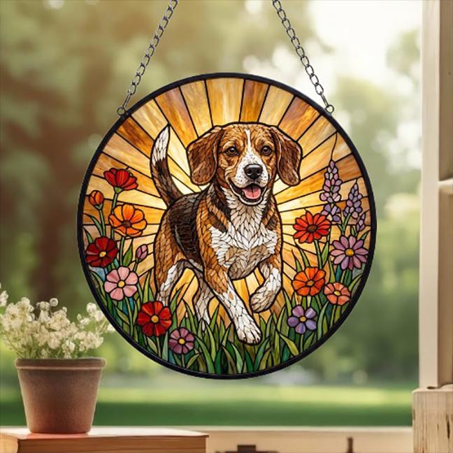 Custom Beagle Wildflowers Glass Suncatcher: Dog Mom Window Decor