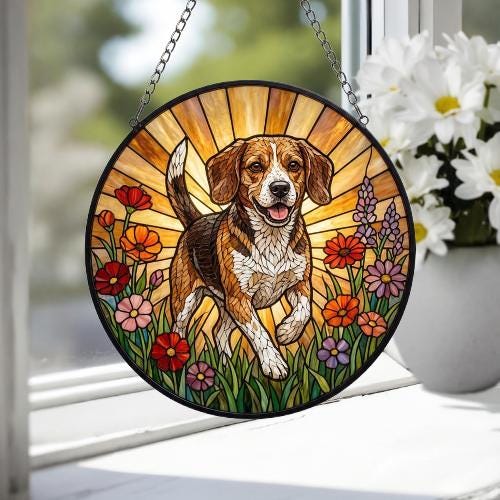 Custom Beagle Wildflowers Glass Suncatcher: Dog Mom Window Decor - image 3
