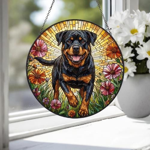 Custom Rottweiler Wildflowers Glass Suncatcher: Dog Mom Window Decor - image 4
