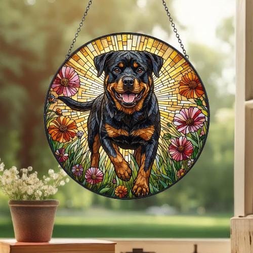 Custom Rottweiler Wildflowers Glass Suncatcher: Dog Mom Window Decor - image 3