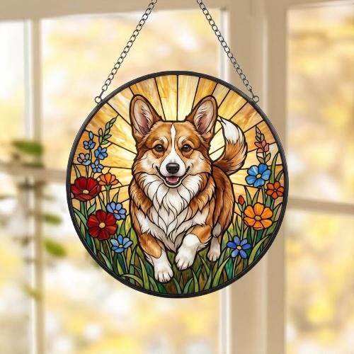 Custom Pembroke Welsh Corgi Wildflowers Glass Suncatcher: Dog Mom Window Decor - image 4