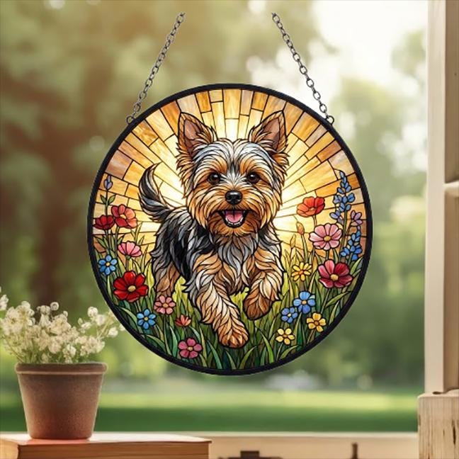 Custom Yorkshire Terrier Wildflowers Glass Suncatcher: Dog Mom Window Decor