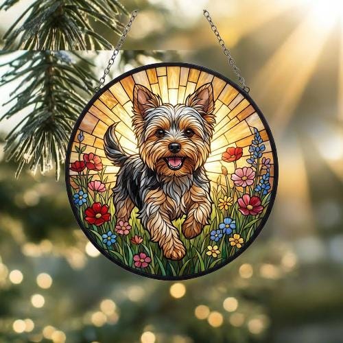 Custom Yorkshire Terrier Wildflowers Glass Suncatcher: Dog Mom Window Decor - image 2