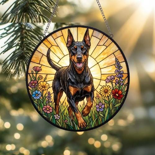 Custom Doberman Pinscher Wildflowers Glass Suncatcher: Dog Mom Window Decor - image 2