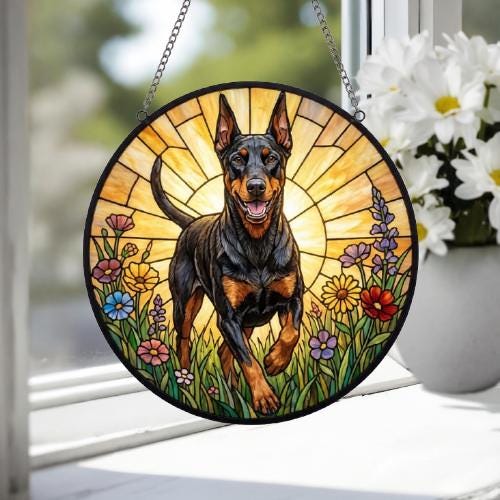 Custom Doberman Pinscher Wildflowers Glass Suncatcher: Dog Mom Window Decor - image 4