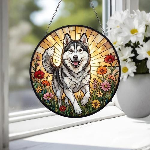 Custom Siberian Husky  Wildflowers Glass Suncatcher: Dog Mom Window Decor - image 4